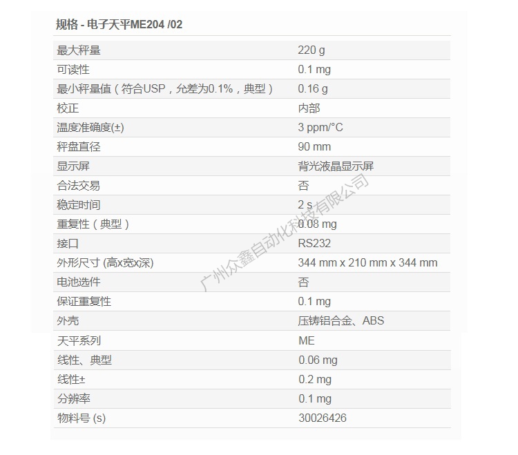 梅特勒托利多 ME204电子分析天平产品参数