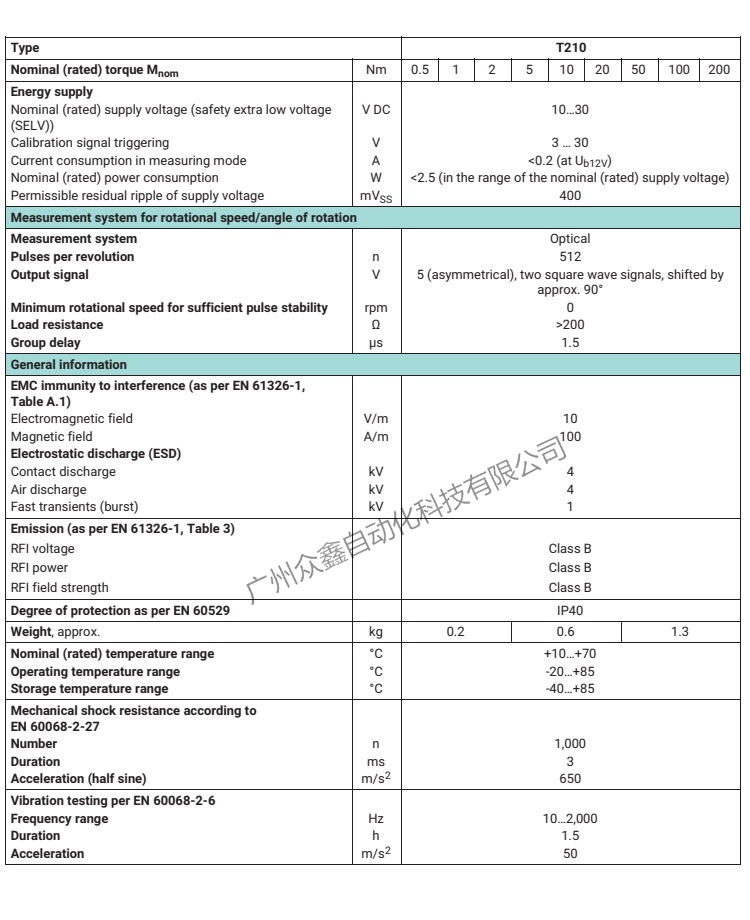 德国HBM品牌 T210扭矩传感器技术参数